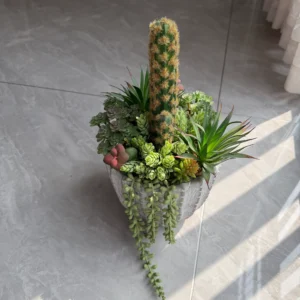 DR0103 Cacto Artificial Realista em Vaso de Cimento Cinza