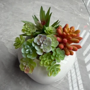 DR0110 (2) Suculenta Artificial Colorida em Vaso de Cerâmica Branco
