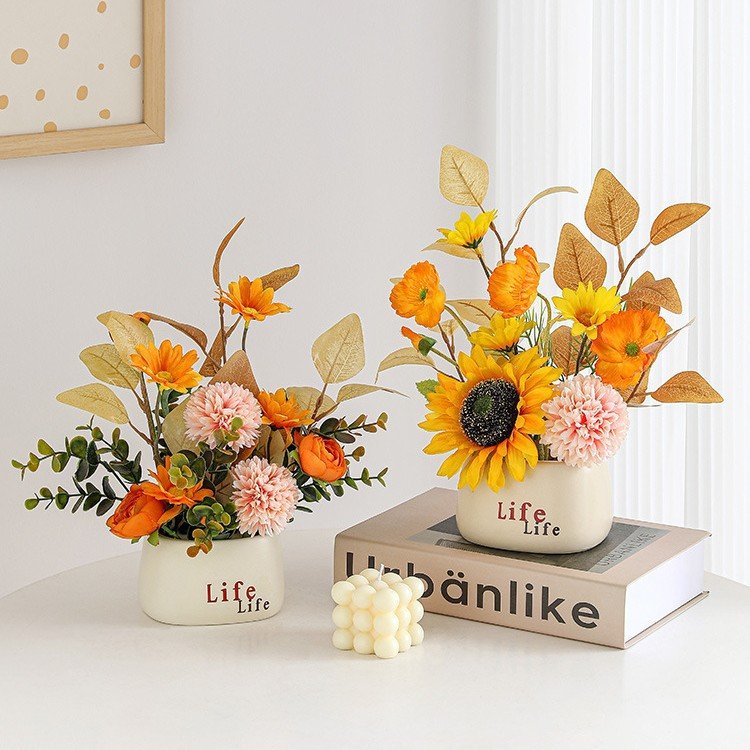 ZH0032 (1) - Conjunto de plantas artificiais de girassol e flores de outono