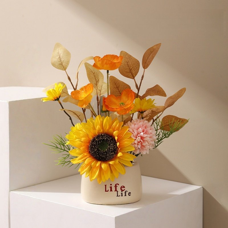 ZH0032 (3) - Conjunto de plantas artificiais de girassol e flores de outono