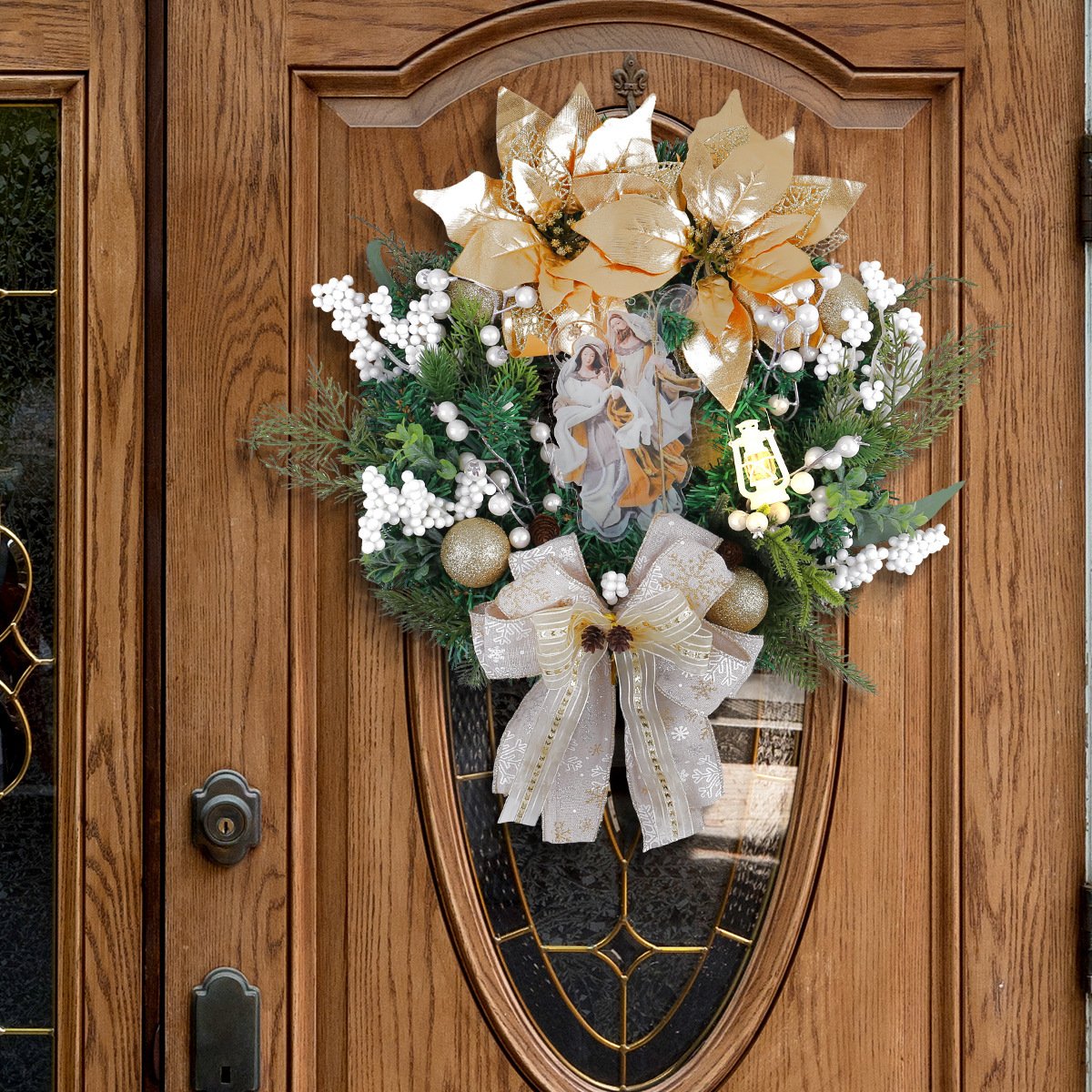 WCH0002 (3) - Guirlanda Natalina com Sagrada Família e Poinsétia Dourada