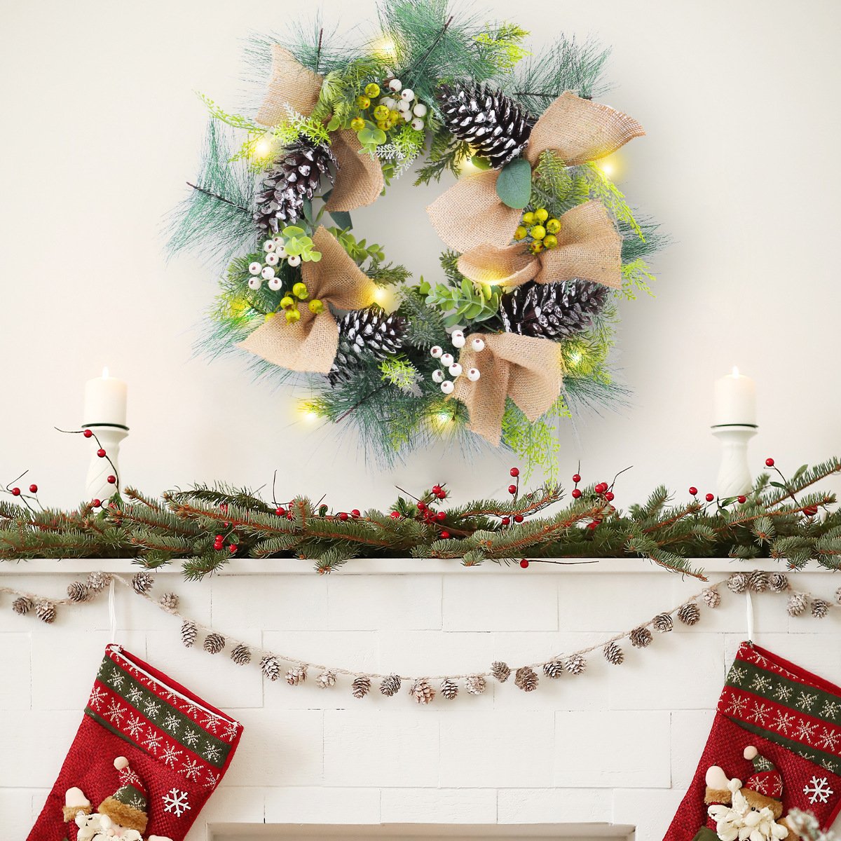 WCH0005 (4) - Guirlanda Natalina Rústica com Luzes LED Juta e Pinhas